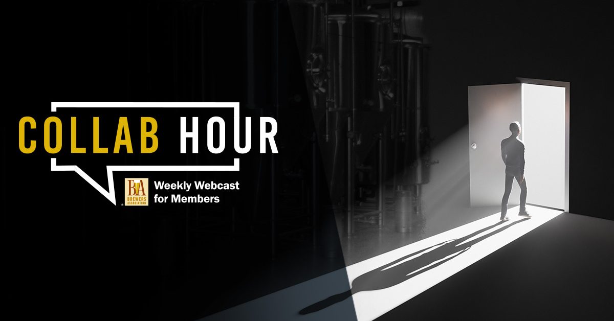Collab hour logo over image of main in dark room walking out of a lit doorway
