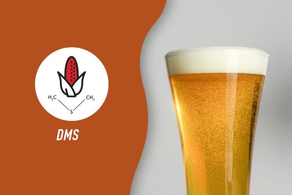 Glass of beer next to brown icon featuring a cob of corn, label of 
