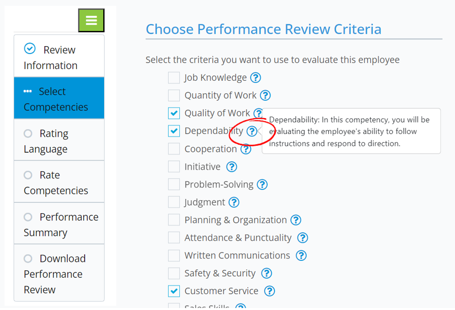 Zywave screenshot of performance review select competencies interface